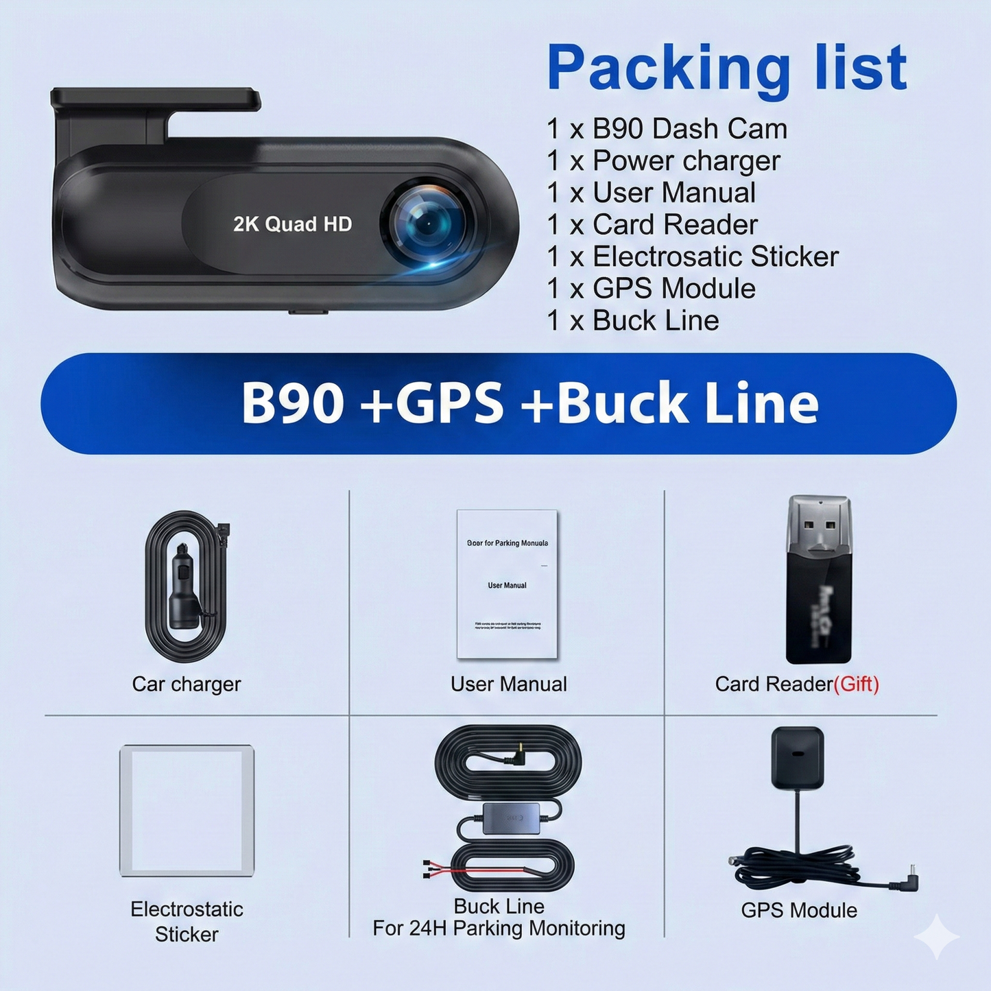 Dashcam 2K HD avec GPS et Wi-Fi